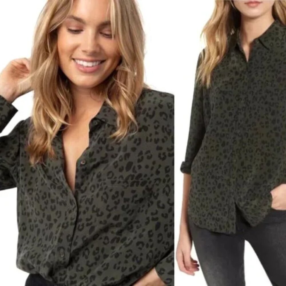 Rails Kate 100% Silk Button Down Blouse Olive Cheetah S Minimalist Designer $198 - Picture 3 of 16